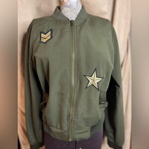 Hippie Rose Army Green Aviator Sequin Bomber Jacker, Size Medium